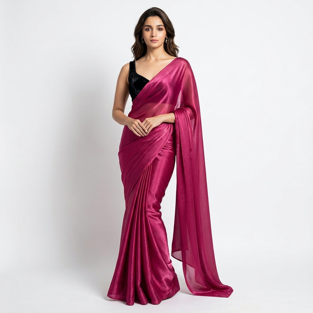 Dark magenta pink fandy saree paired with velvet blouse for festive styling
