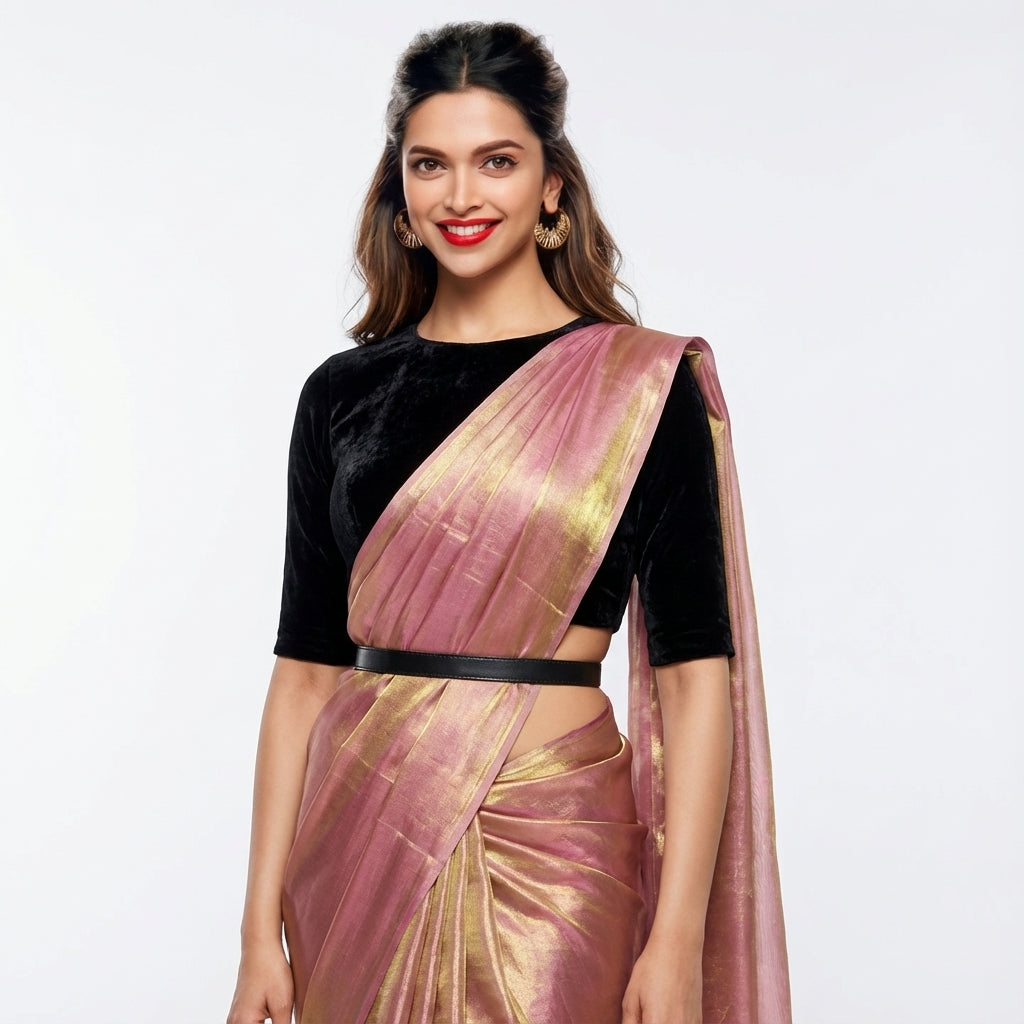 Antique wine fandy saree styled with velvet blouse for vintage ethnic look