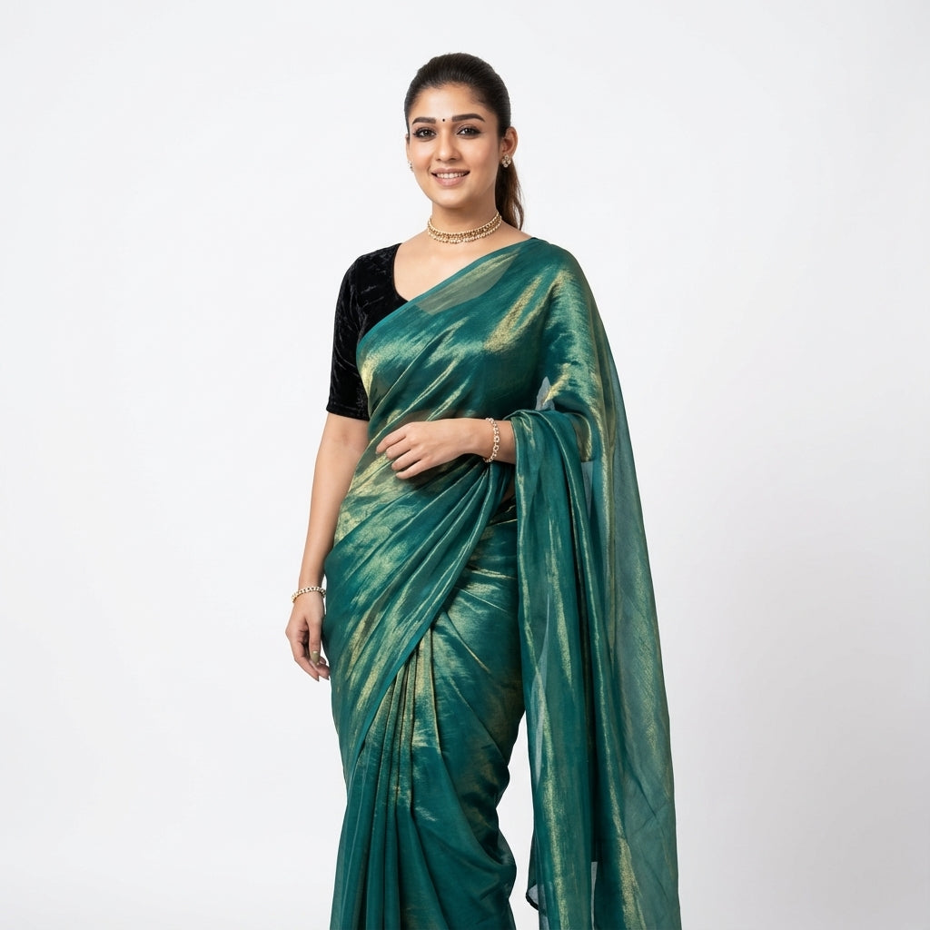Elegant teal blue fandy saree highlighted with velvet contrast blouse