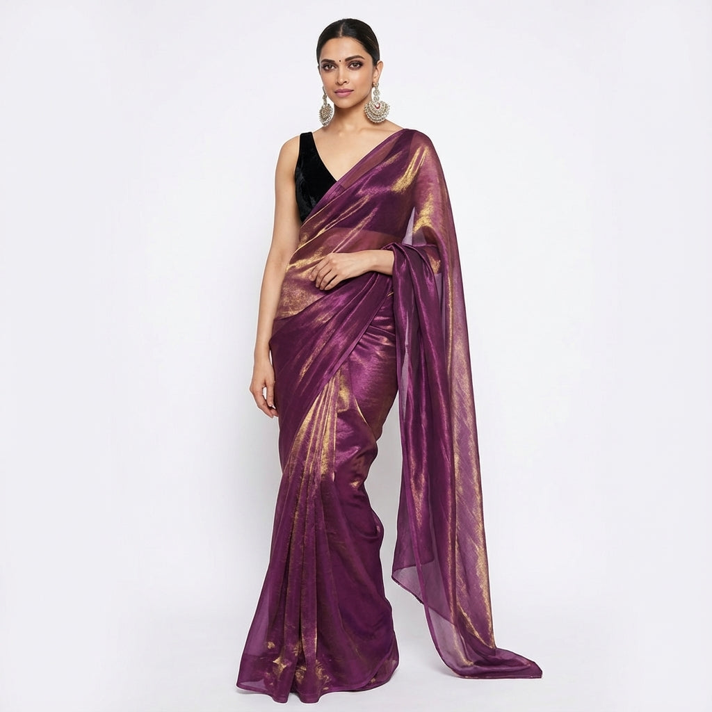 Deep wine fandy saree styled with velvet blouse for rich ethnic look