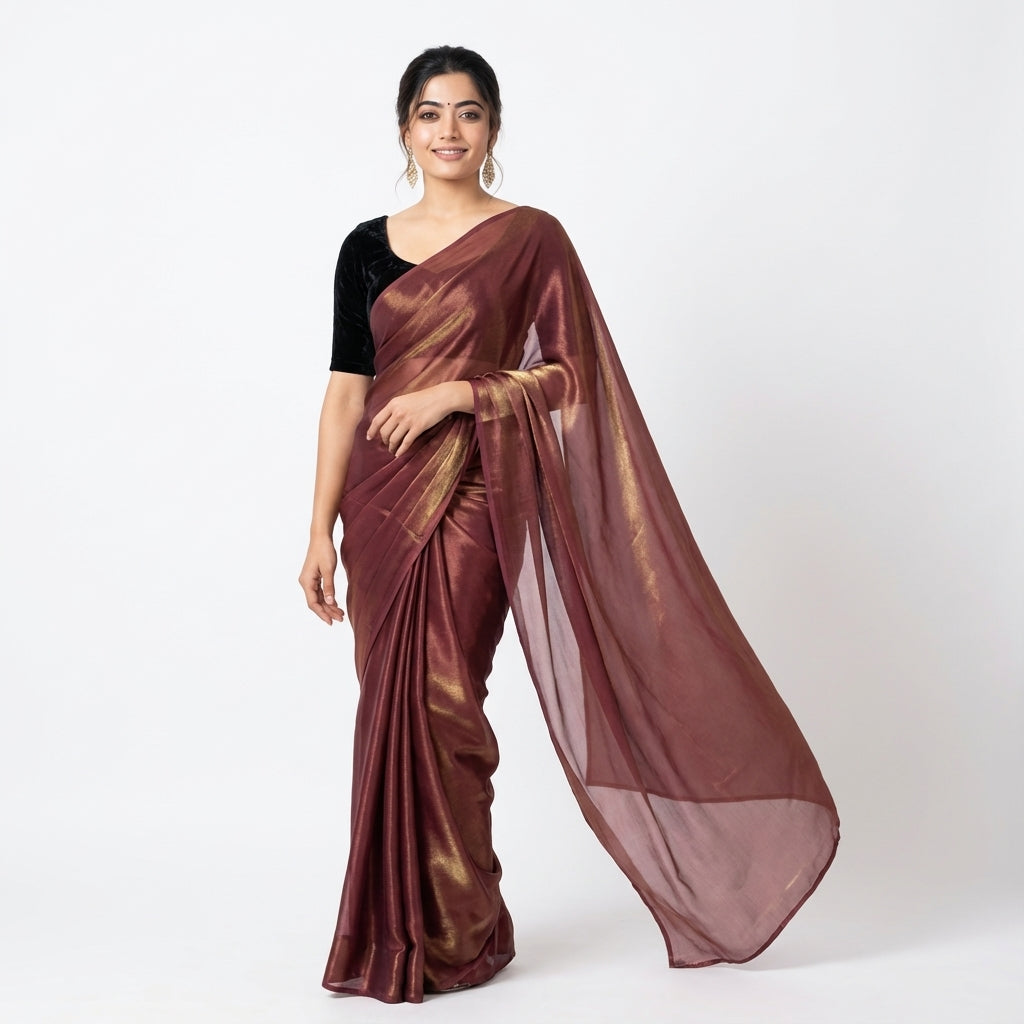 Deep rosewood brown fandy saree with velvet blouse contrast look