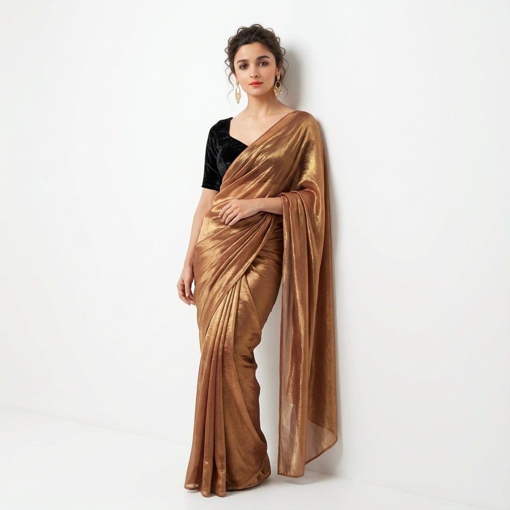 Rust brown fandy saree styled with velvet blouse for earthy ethnic look