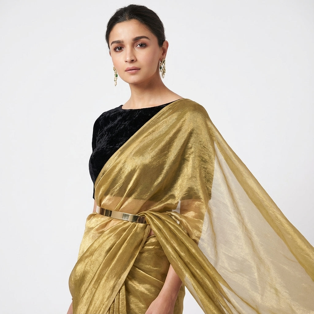 Bronze gold fandy saree paired with velvet blouse for festive ethnic styling