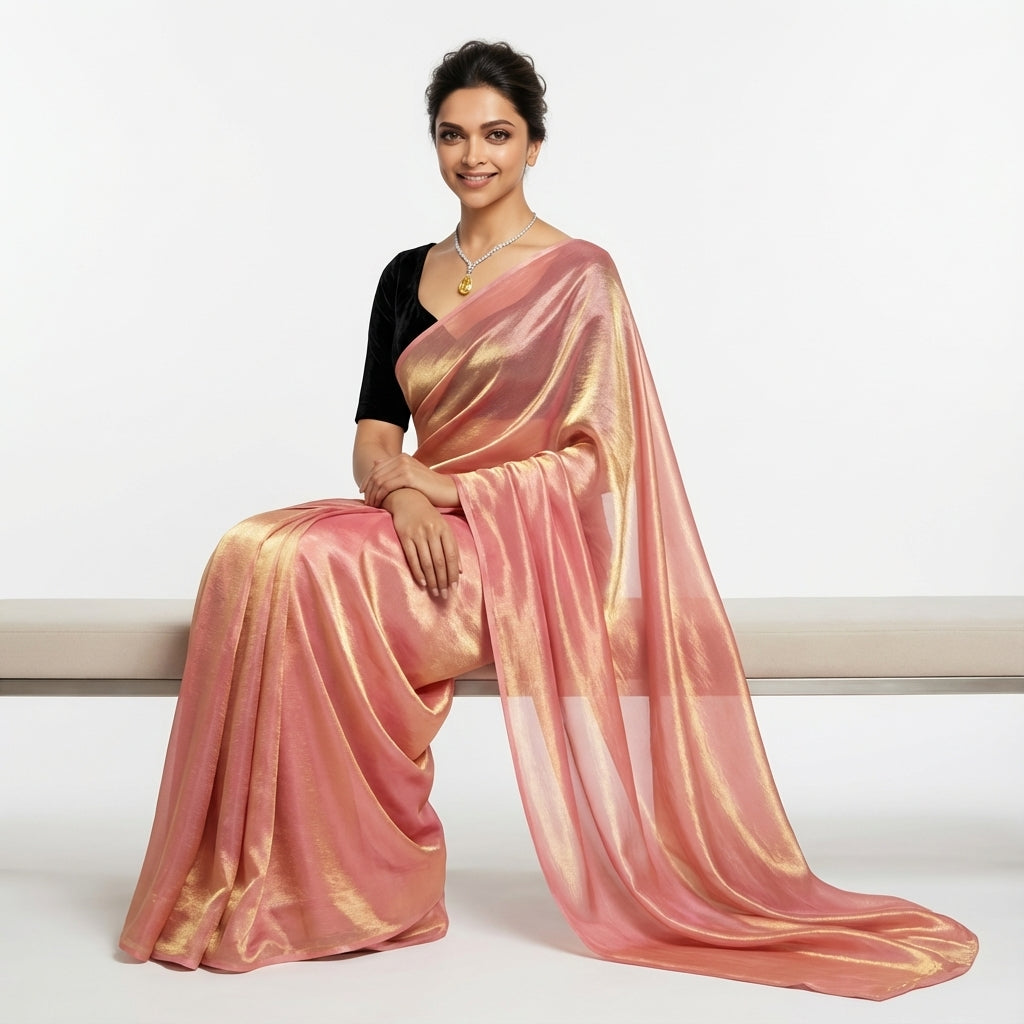 Rosy peach fandy saree with velvet blouse