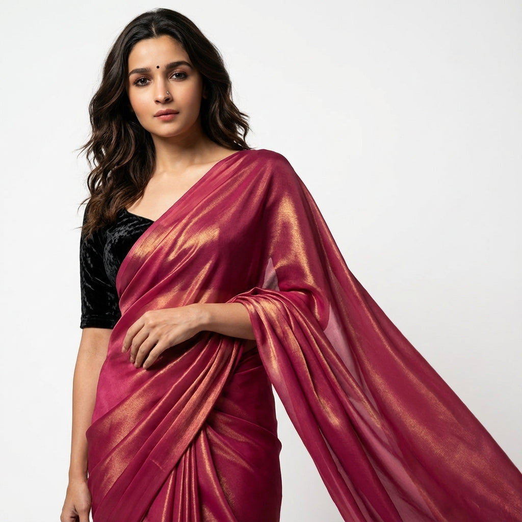Dark magenta pink fandy saree paired with velvet blouse for festive styling
