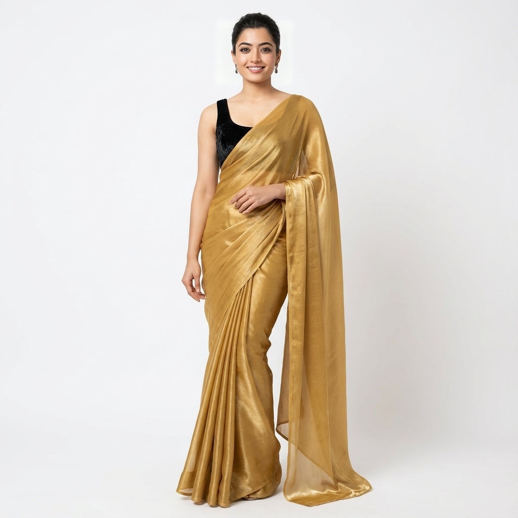 Rich mustard yellow fandy saree styled with velvet contrast blouse