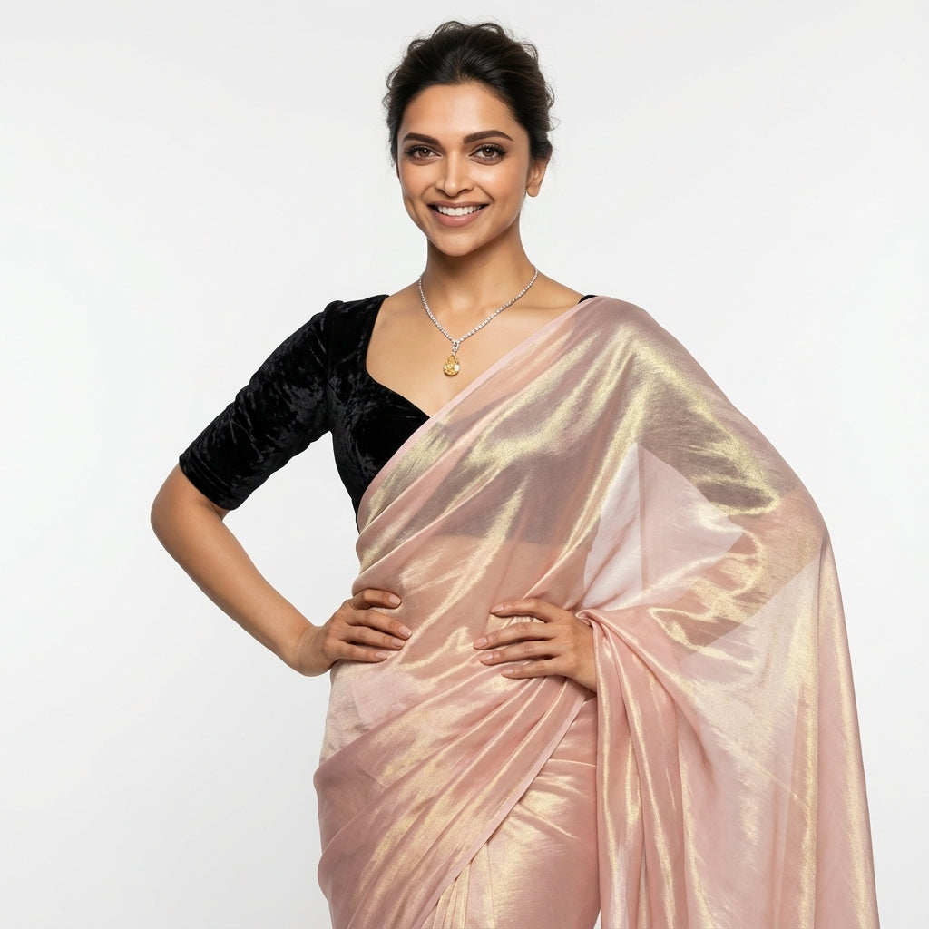 Baby peach pink fandy saree with velvet blouse