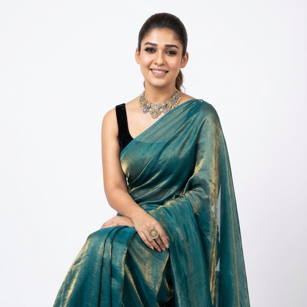 Deep teal fandy saree styled with velvet blouse for elegant ethnic look