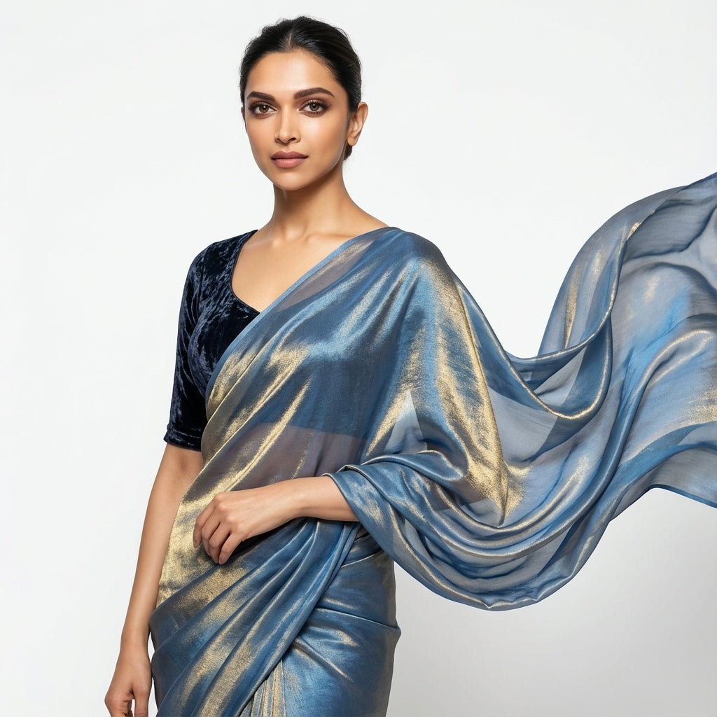 Deep navy blue fandy saree paired with velvet blouse for elegant ethnic styling