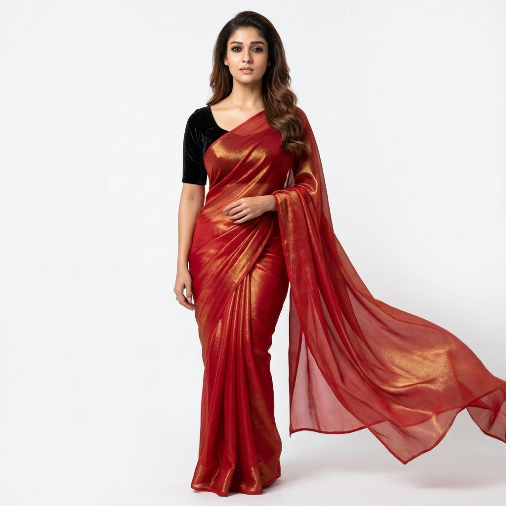 Bold red fandy saree paired with rich velvet blouse fabric