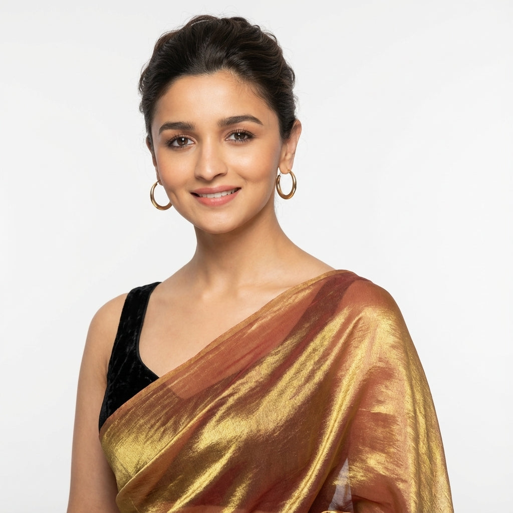 Rust brown fandy saree styled with velvet blouse for earthy ethnic look