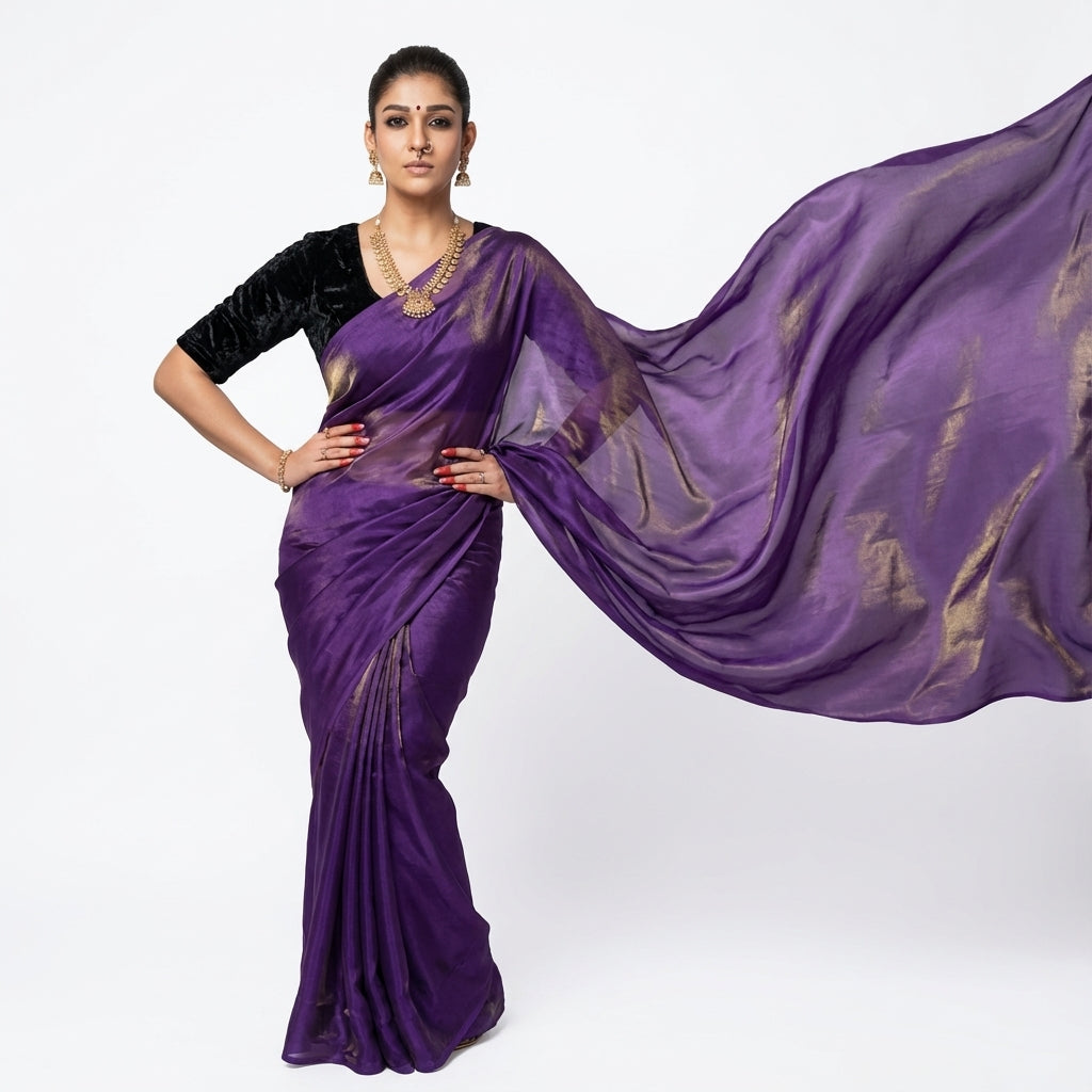 Royal purple fandy saree styled with velvet blouse for elegant ethnic look
