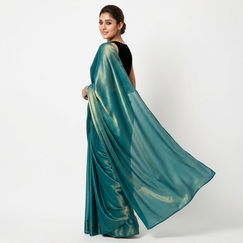 Deep teal fandy saree styled with velvet blouse for elegant ethnic look