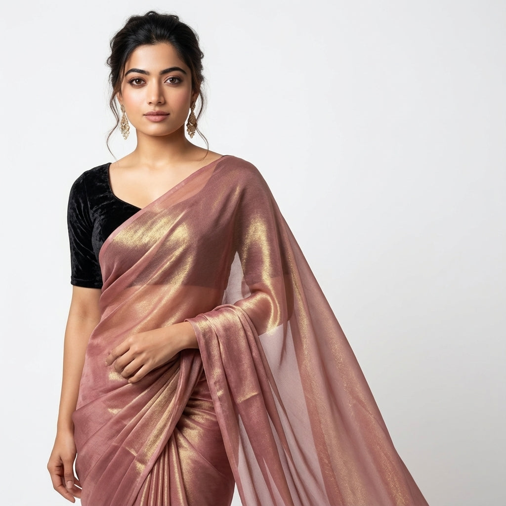 Deep rosewood brown fandy saree with velvet blouse contrast look