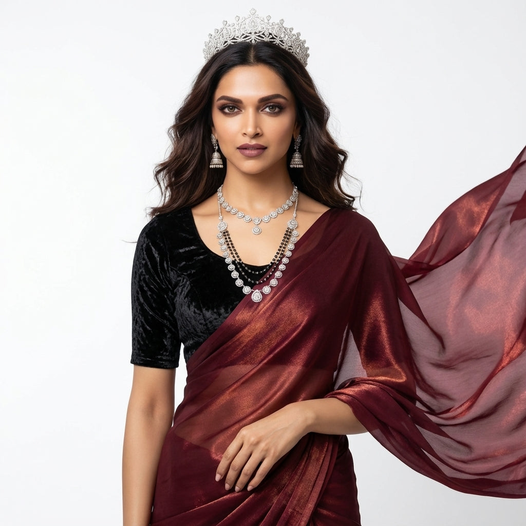 Classic maroon fandy saree styled with rich velvet blouse fabric