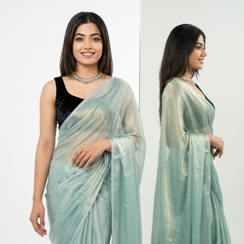 Firozi fandy saree with velvet blouse