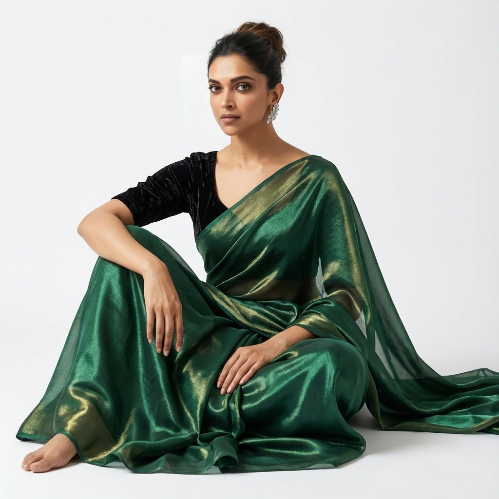 Bottle green fandy saree paired with velvet blouse for royal ethnic look