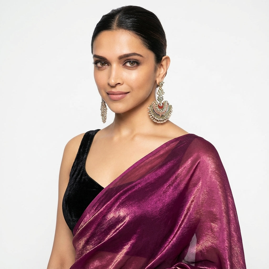 Deep wine fandy saree styled with velvet blouse for rich ethnic look