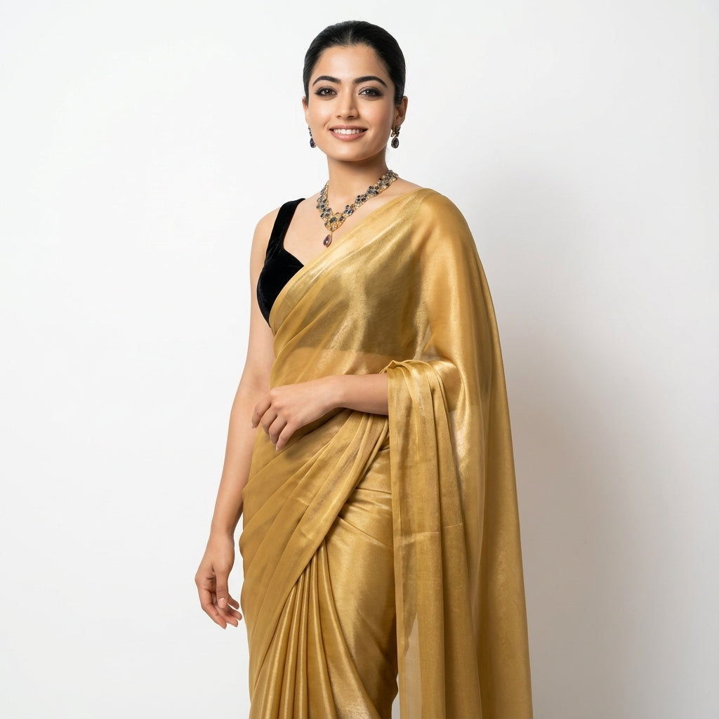 Rich mustard yellow fandy saree styled with velvet contrast blouse