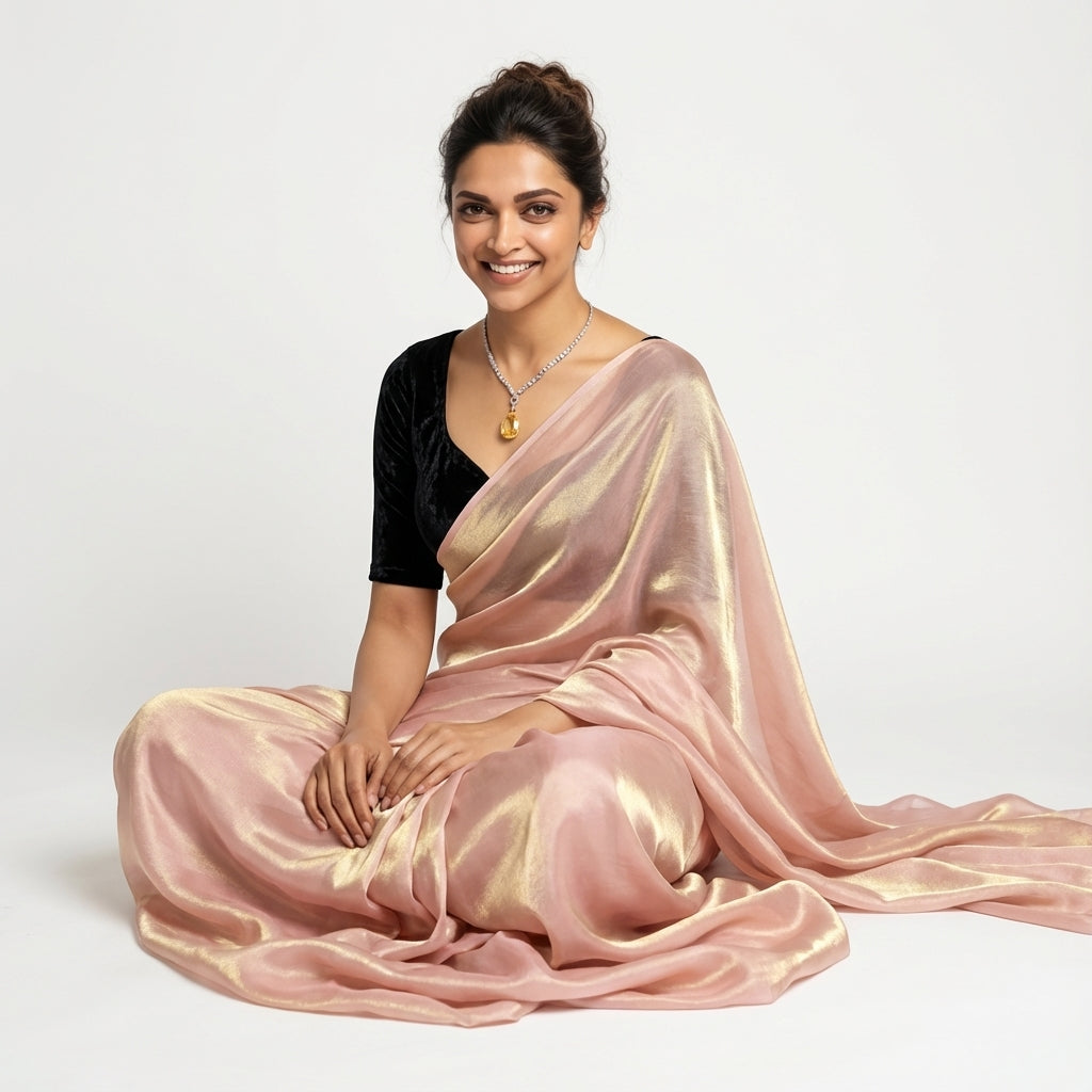 Baby peach pink fandy saree with velvet blouse
