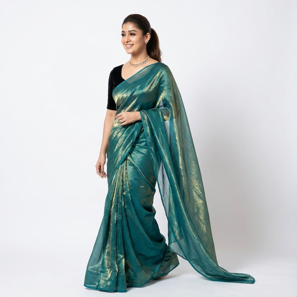 Elegant teal blue fandy saree highlighted with velvet contrast blouse