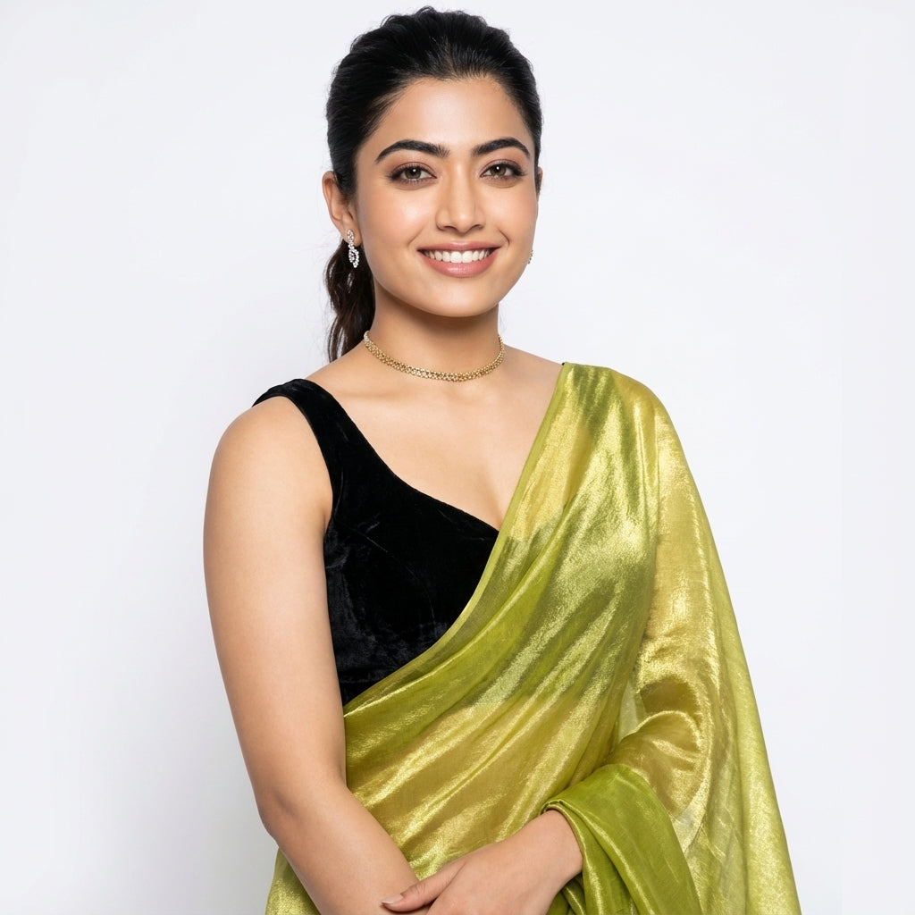 Elegant olive green fandy saree styled with velvet contrast blouse