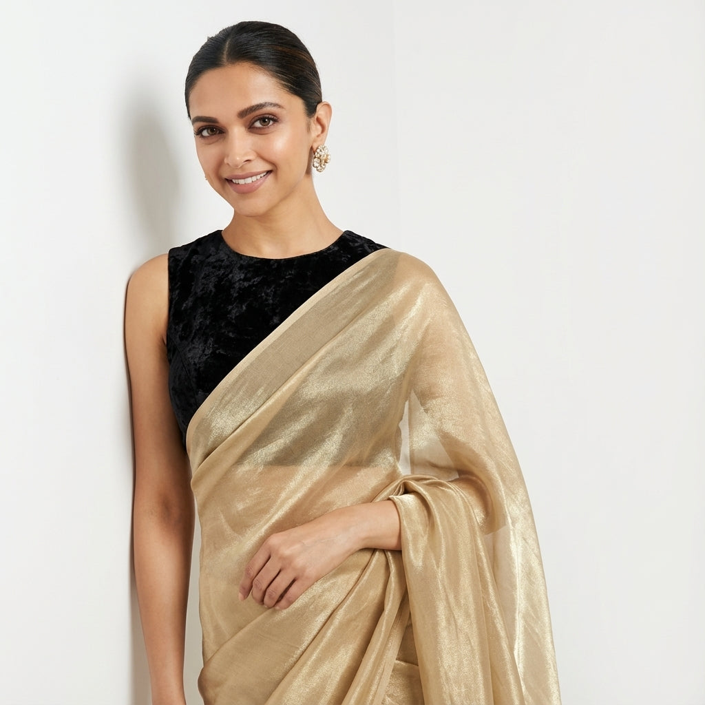 Classic cream fandy saree styled with velvet blouse contrast