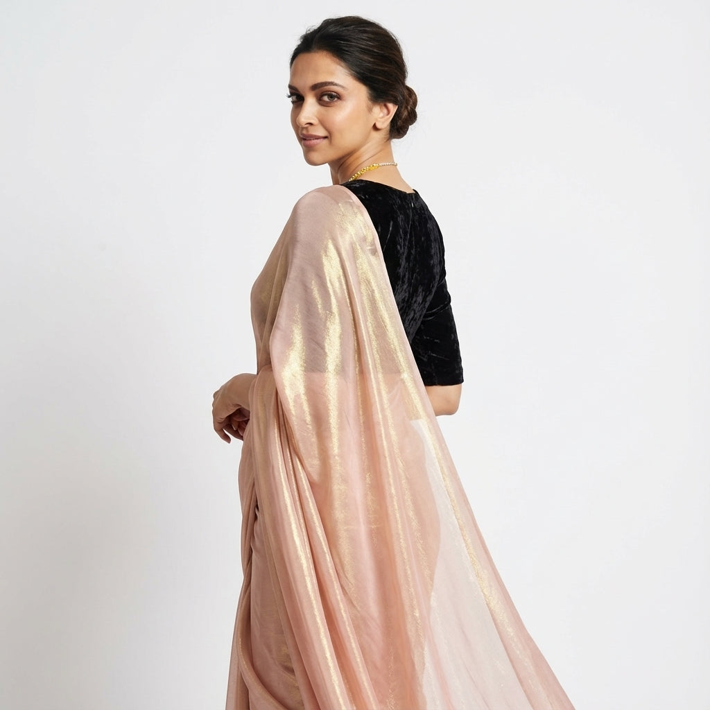 Baby peach pink fandy saree with velvet blouse
