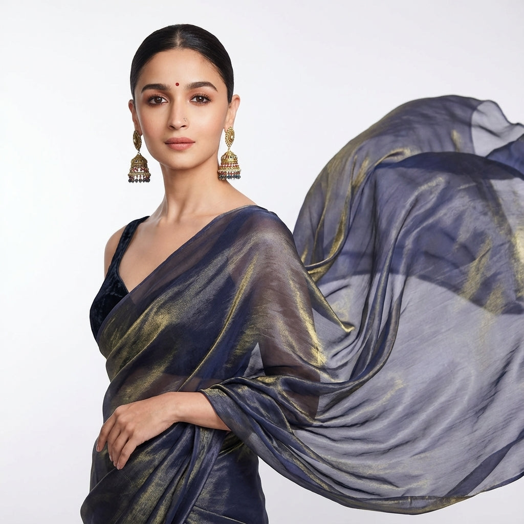 Dusty purple fandy saree styled with velvet blouse for elegant ethnic look