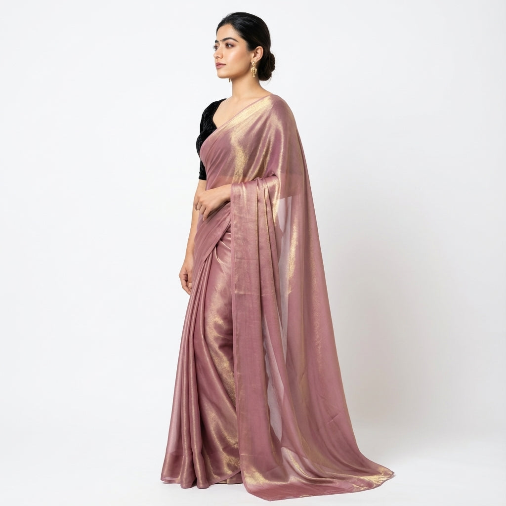 Deep rosewood brown fandy saree with velvet blouse contrast look