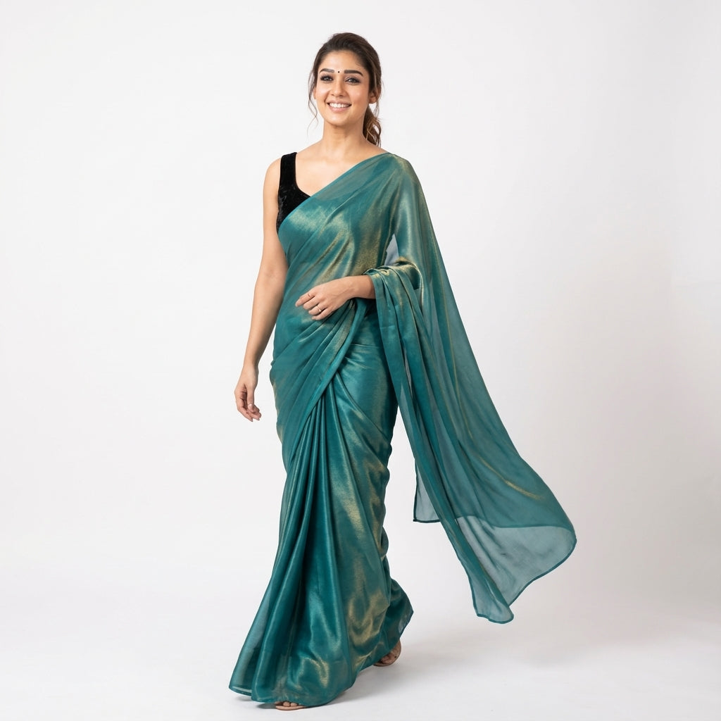 Deep teal fandy saree styled with velvet blouse for elegant ethnic look