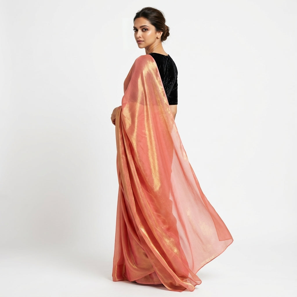 Rosy peach fandy saree with velvet blouse