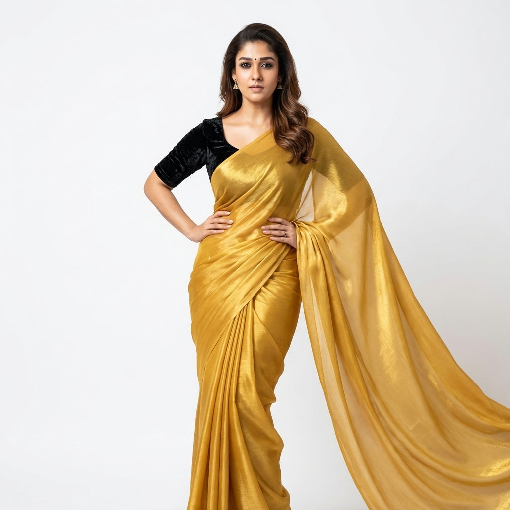 Bright yellow fandy saree styled with velvet blouse for festive look