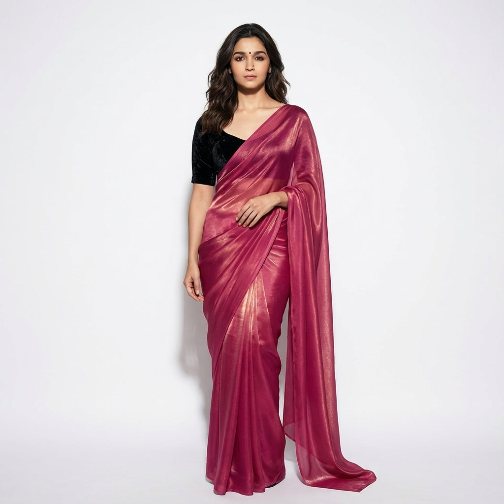 Dark magenta pink fandy saree paired with velvet blouse for festive styling
