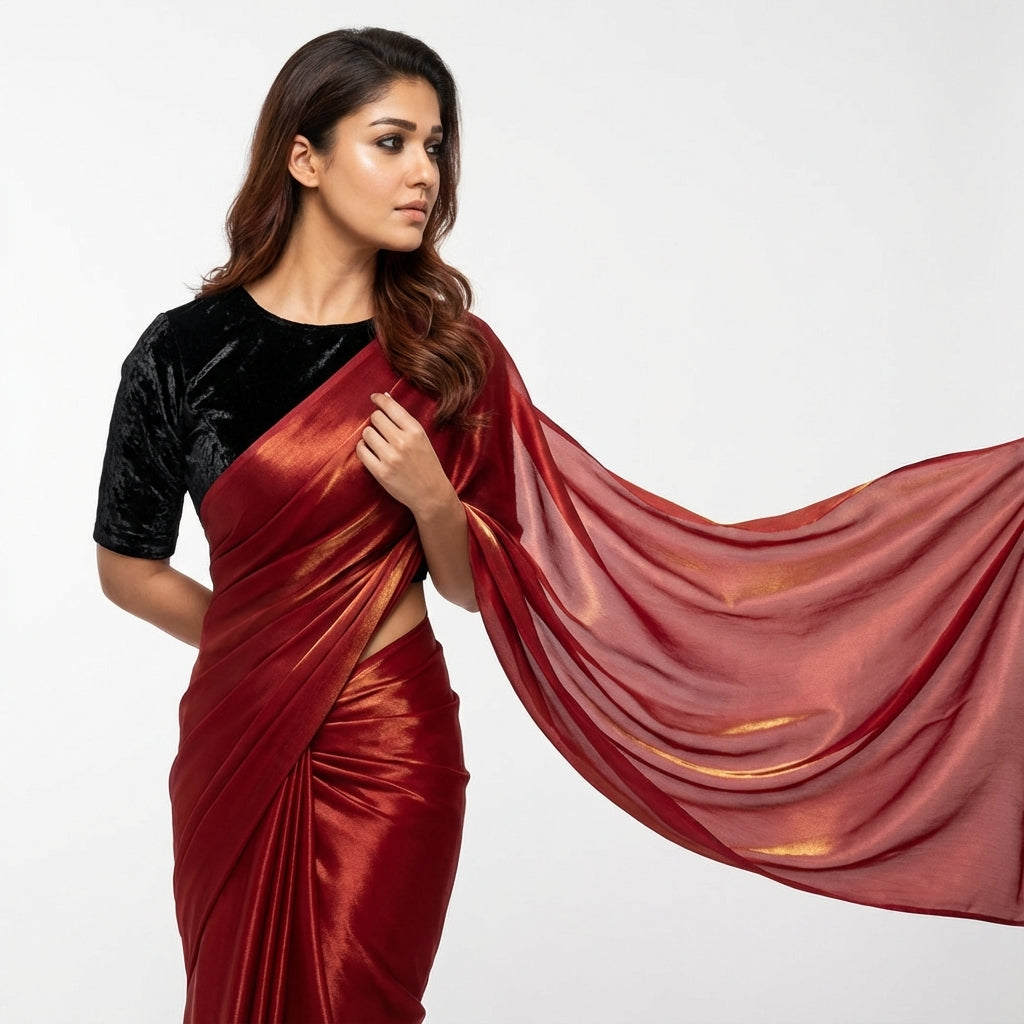 Bold red fandy saree paired with rich velvet blouse fabric