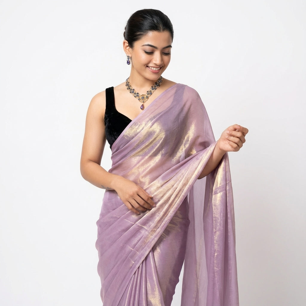 Lavender purple fandy saree with velvet blouse