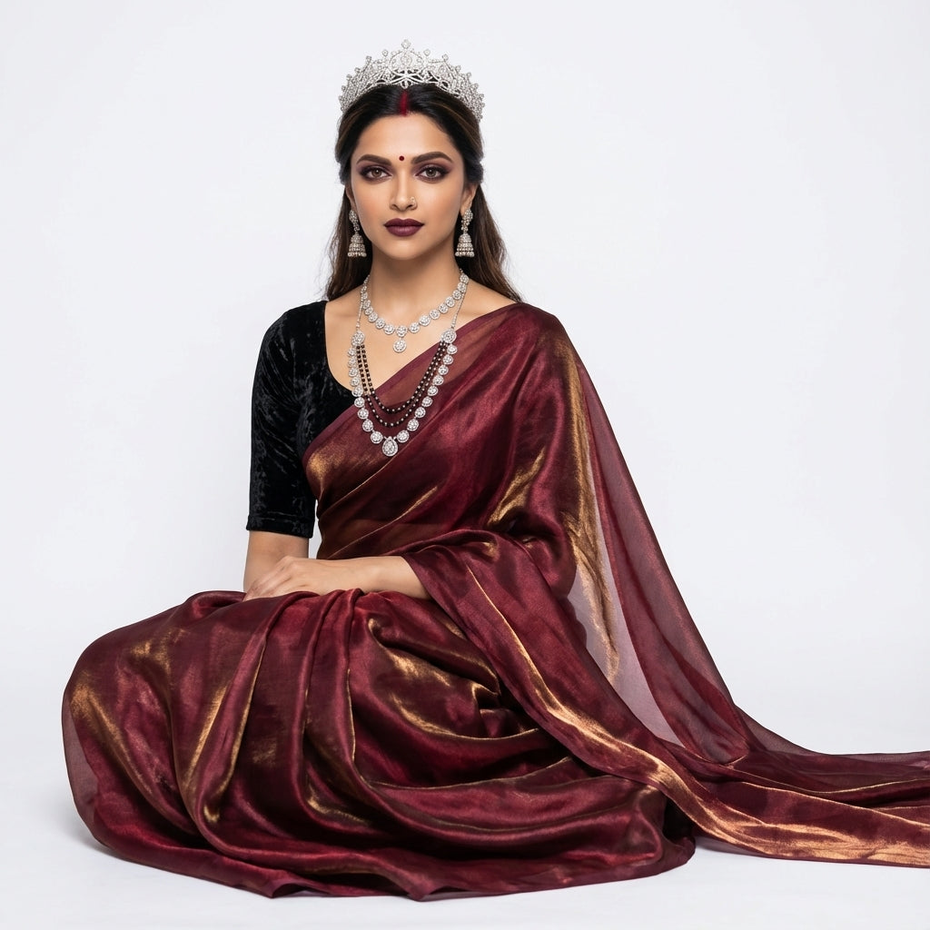 Classic maroon fandy saree styled with rich velvet blouse fabric