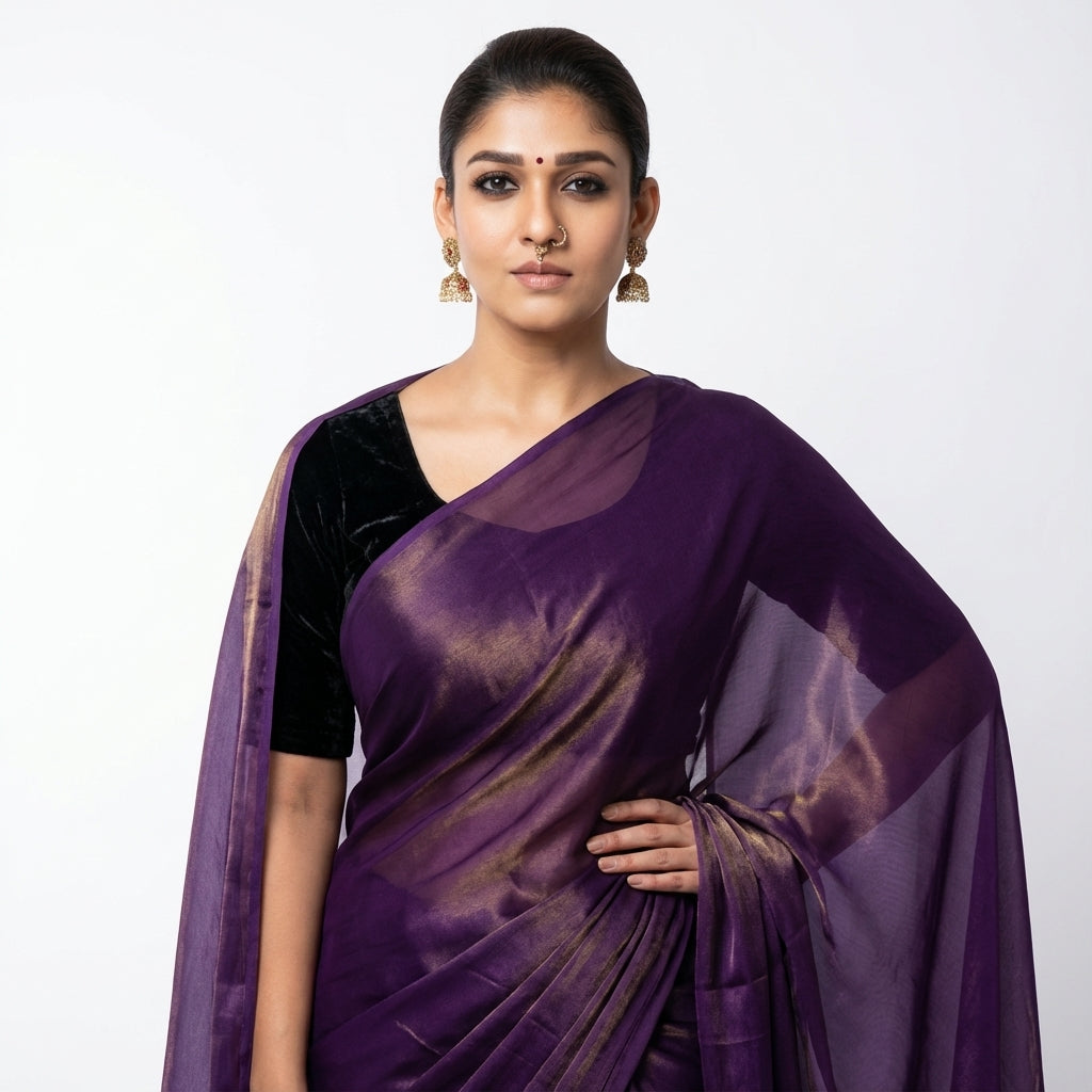 Royal purple fandy saree styled with velvet blouse for elegant ethnic look