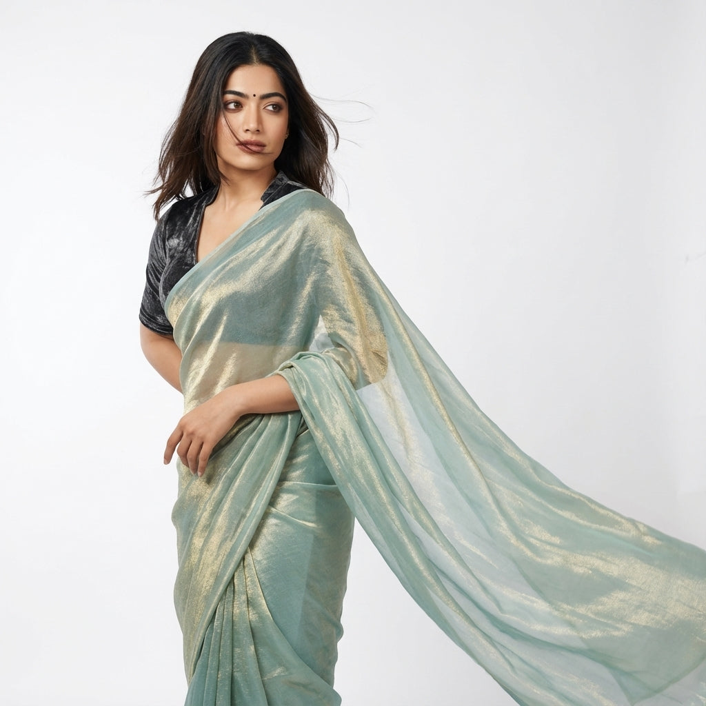 Firozi fandy saree with velvet blouse