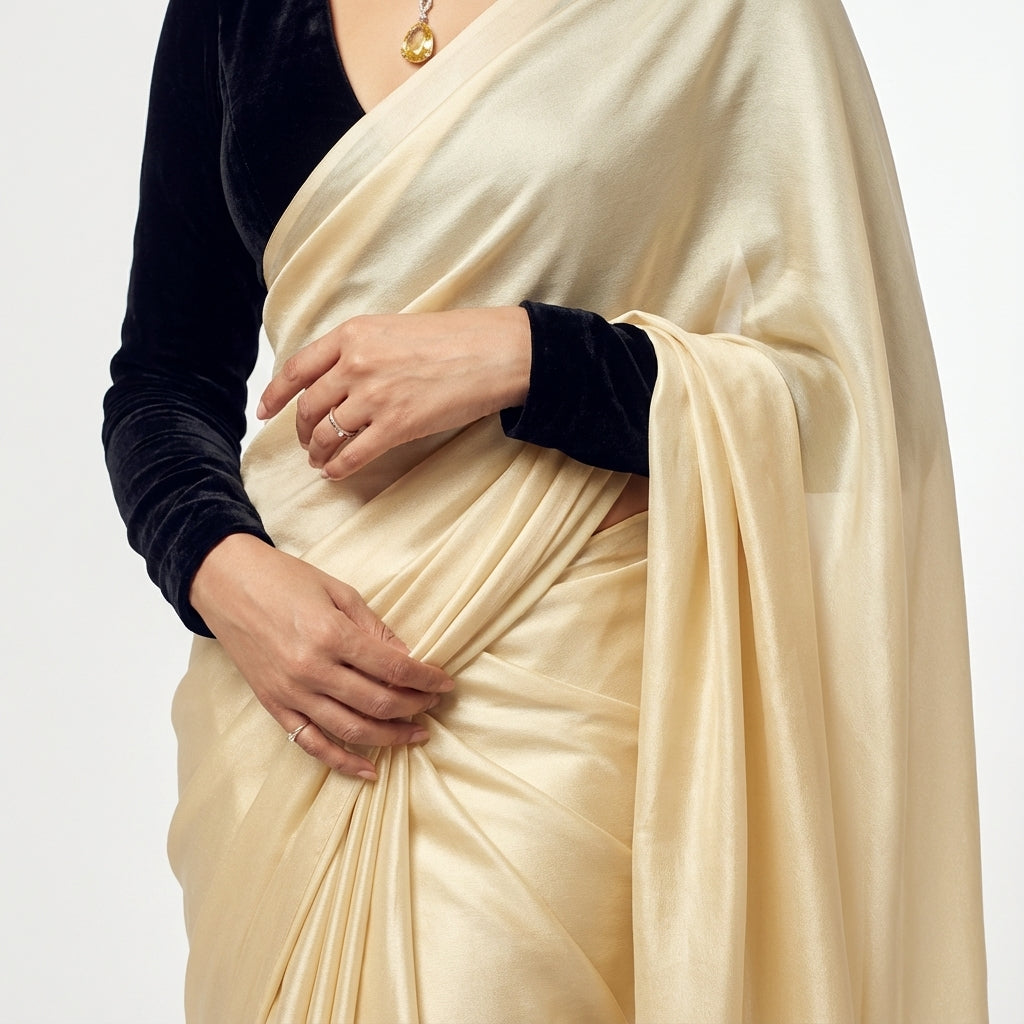 Cream fandy saree with velvet blouse