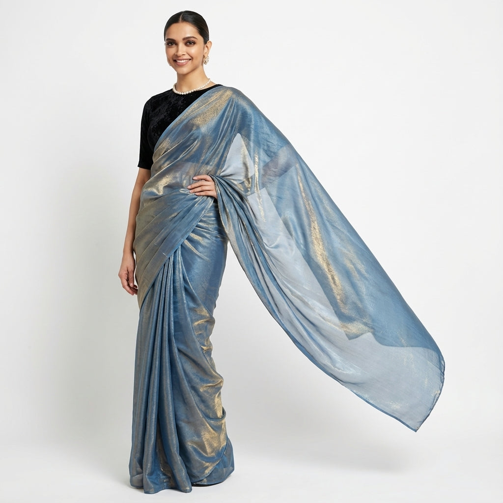 Deep navy blue fandy saree paired with velvet blouse for elegant ethnic styling