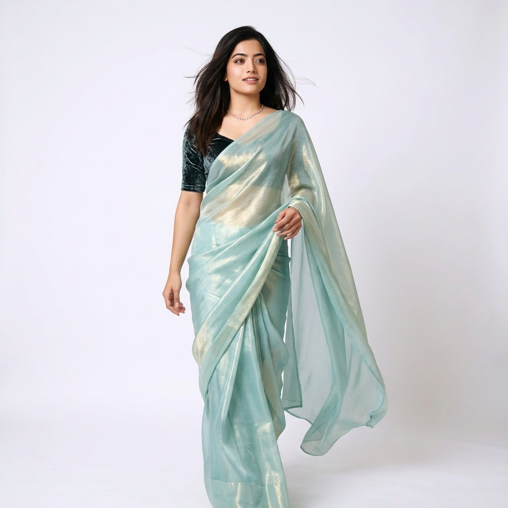 Firozi fandy saree with velvet blouse
