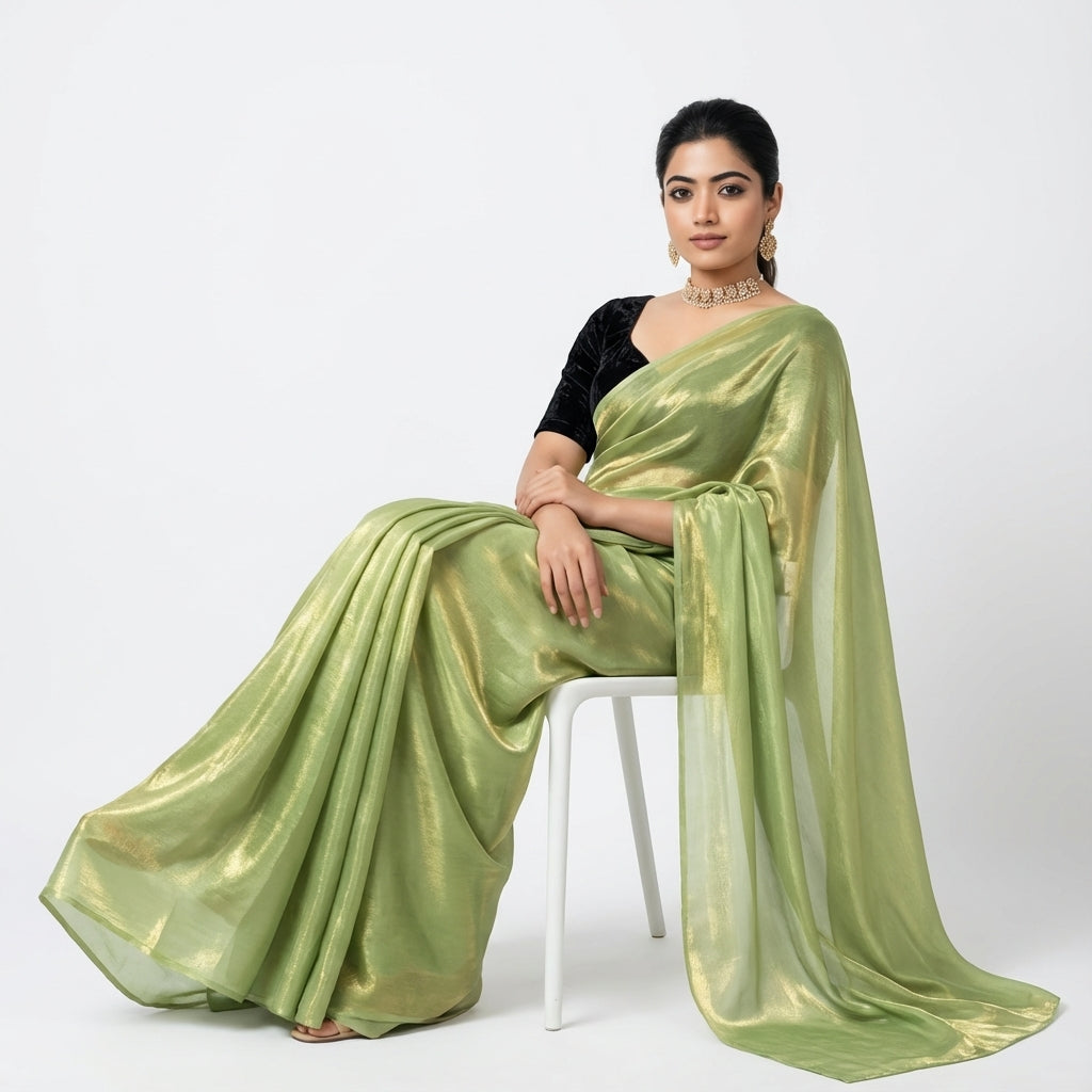 Elegant olive green fandy saree styled with velvet contrast blouse