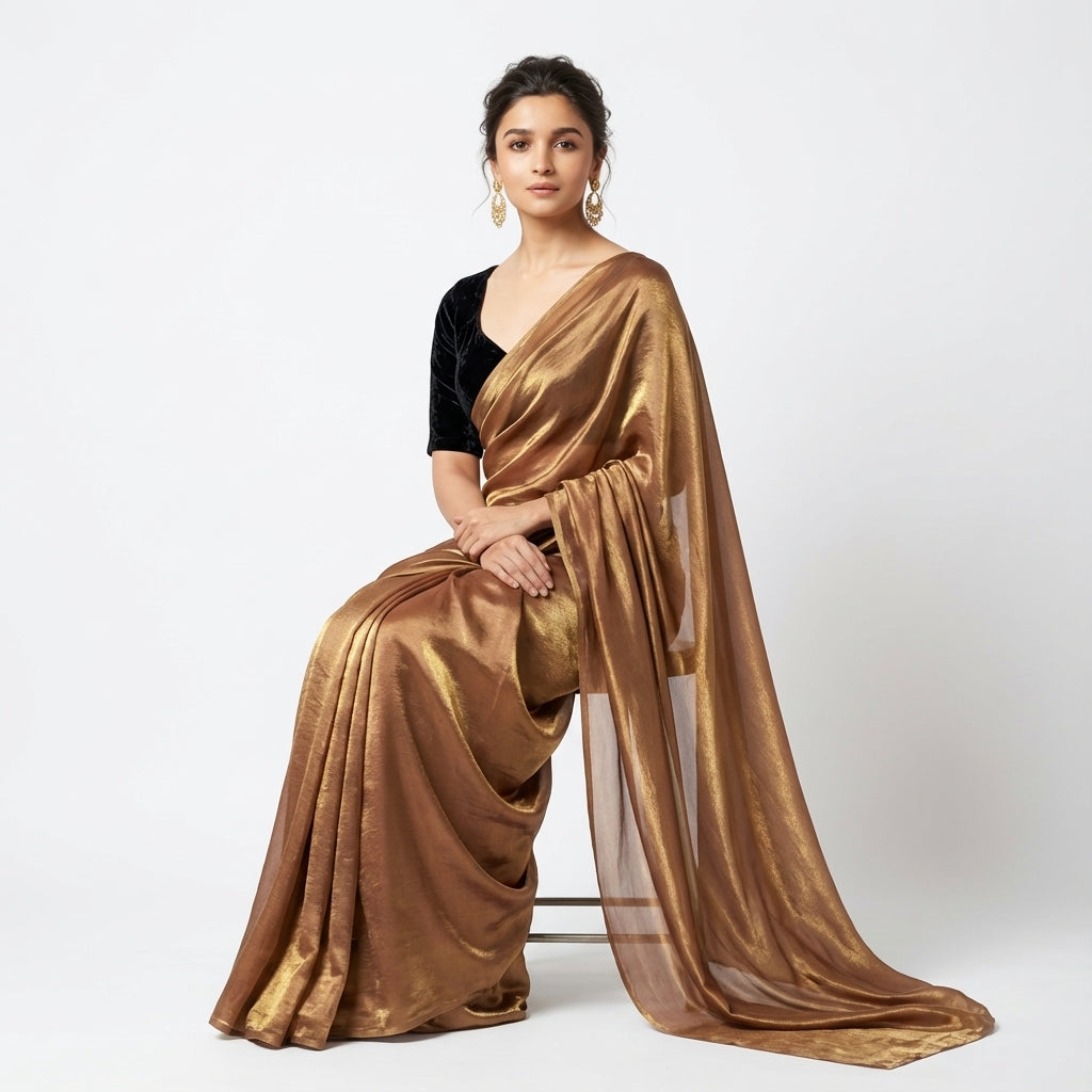 Rust brown fandy saree styled with velvet blouse for earthy ethnic look