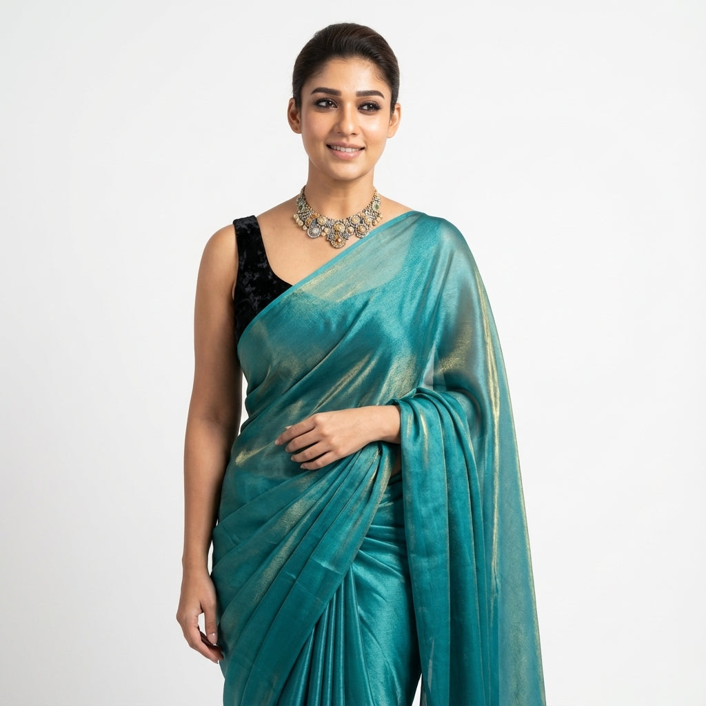 Deep teal fandy saree styled with velvet blouse for elegant ethnic look
