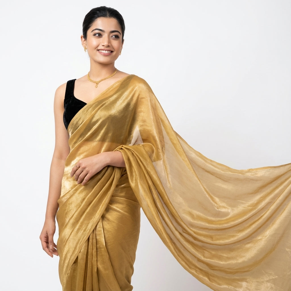 Rich mustard yellow fandy saree styled with velvet contrast blouse