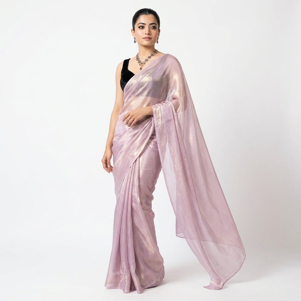 Lavender purple fandy saree with velvet blouse