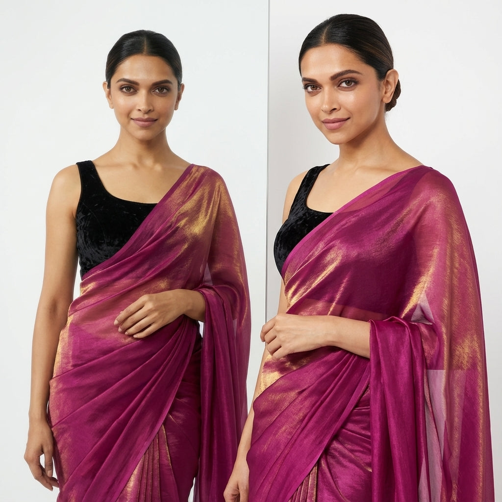 Deep wine fandy saree styled with velvet blouse for rich ethnic look