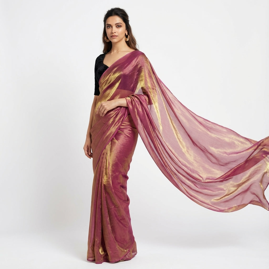 Antique wine fandy saree styled with velvet blouse for vintage ethnic look