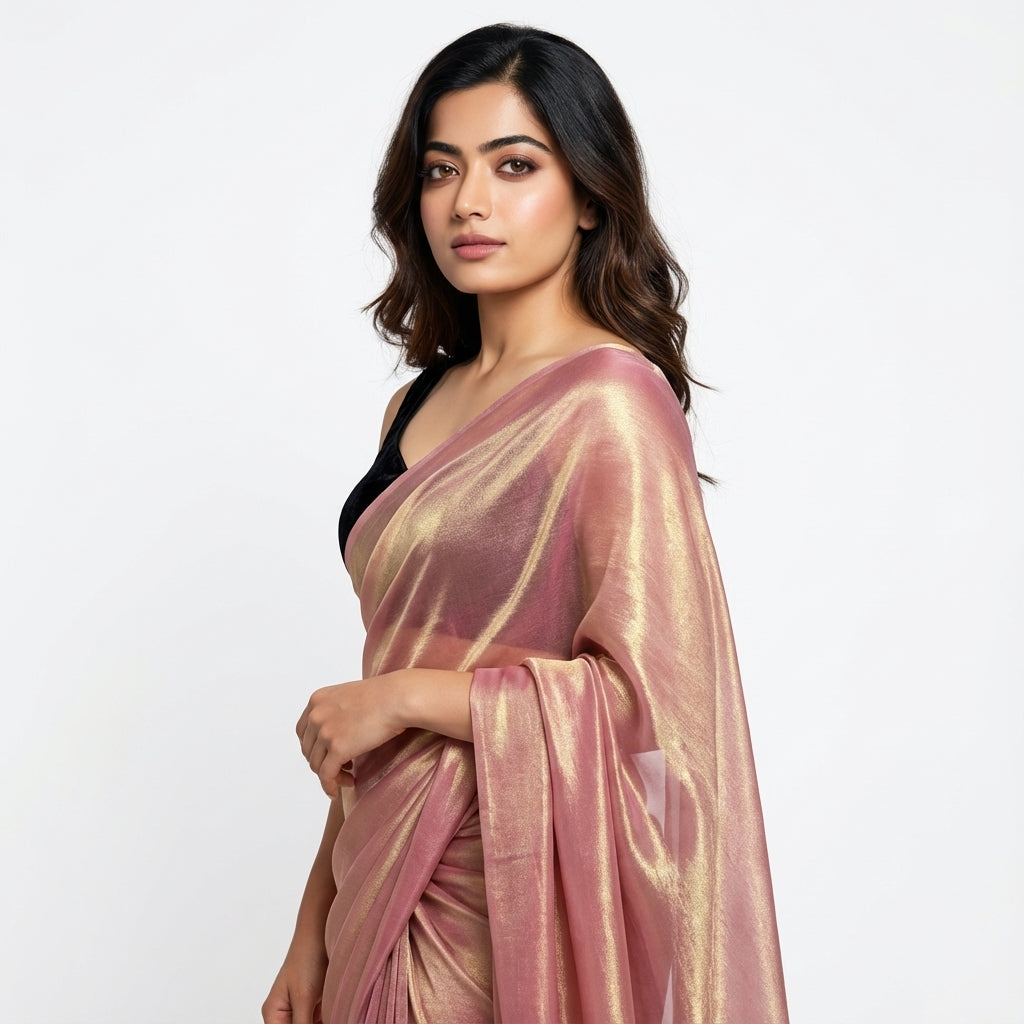 Deep rosewood brown fandy saree with velvet blouse contrast look